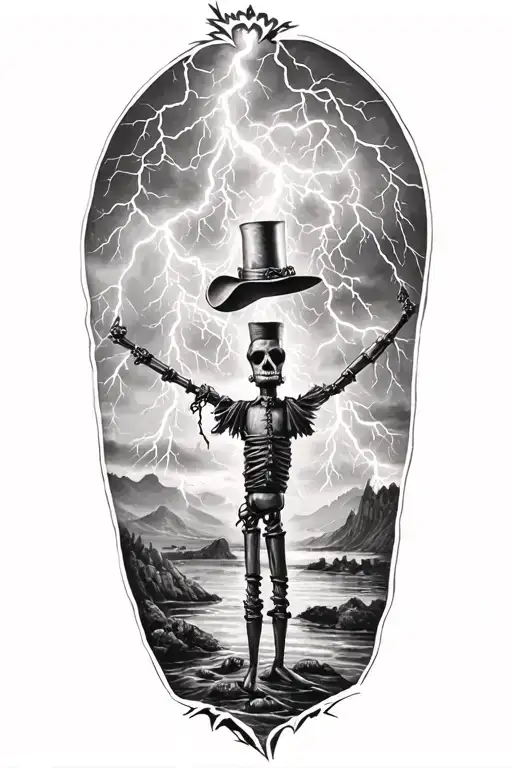 voodoo doll with cylinder hat and lightining storm and fjord and nature tattoo design idea
