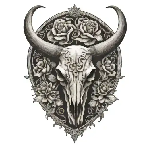 longhorn bull skull flowers intertwined tattoo design idea