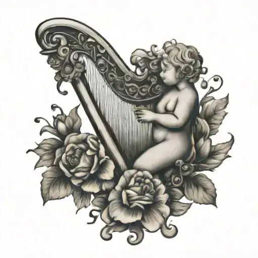 cherub bum july birth flower harp tattoo design idea