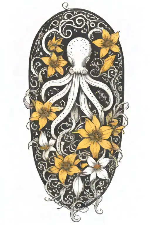snowdrops, rose, marigold, daffodil, "octopus" tentacles tattoo design idea
