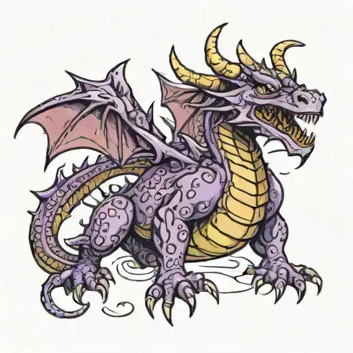 a menacing looking dragon with purple spots of paint tattoo design idea