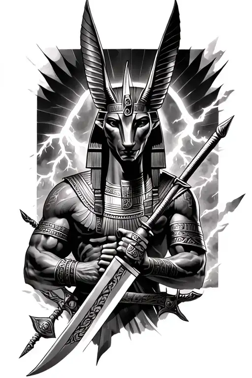 Egyptian warrior sleeve with Anubis, Set vs. Horus, khopesh swords, lightning, and sandstorms tattoo design idea