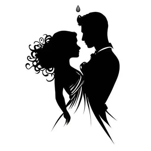 A silhouette of a couple dancing, very minimal, with a tiny teardrop as a subtle emotional accent tattoo design idea