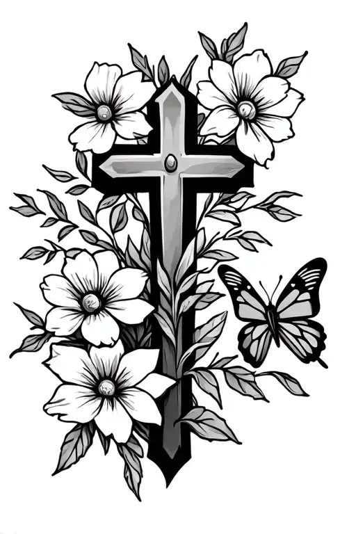 simple, thin, lined cross with flowers around the cross. two of the flowers are mustard seed and Lili, add a butterfly tattoo design idea