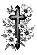 simple, thin, lined cross with flowers around the cross. two of the flowers are mustard seed and Lili, add a butterfly tattoo design idea