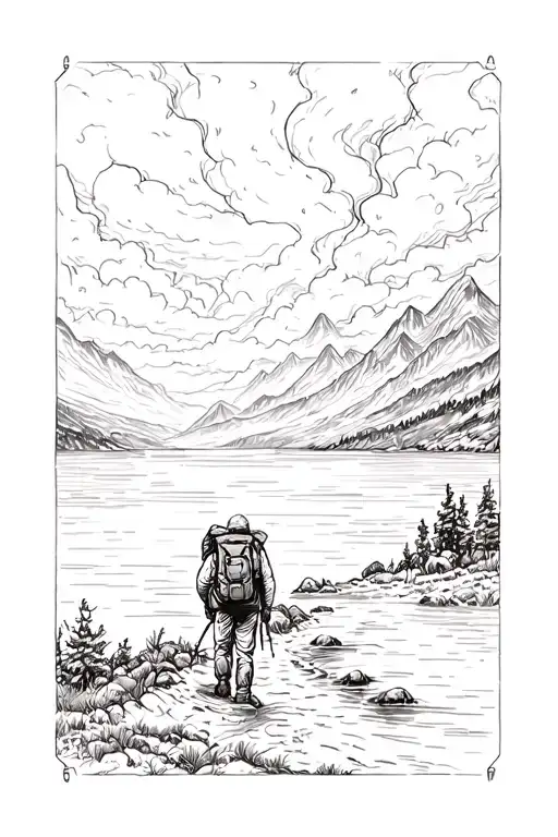 hiker over a lake with a storm in the distance, most of the image is focused on the landscape, see the trail winding tattoo design idea