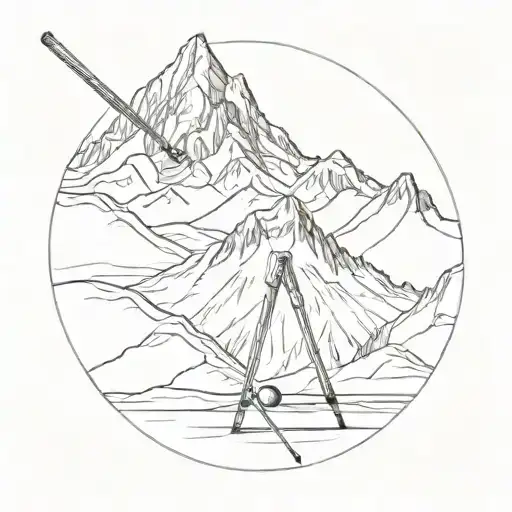 A sketch of a snow-capped mountain with a snooker cue wrapped around it, representing a passion for skiing and snooker tattoo design idea