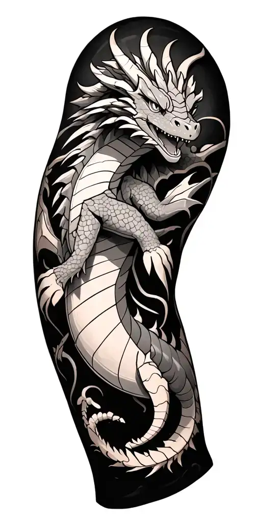 detailed sleeve with symbols of competence and calm. includes a subtle Dragonite pokemon tattoo design idea
