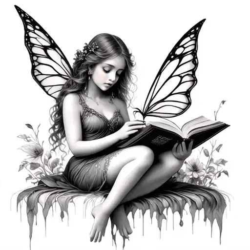 realistic fairy reading book tattoo design idea
