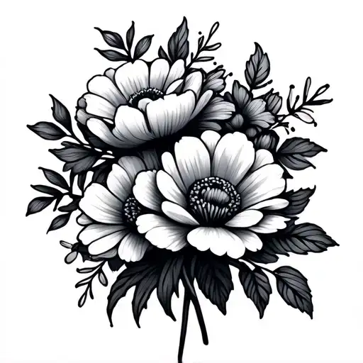 bouquet of flowers but flowers to be the birth flowers for January, February, April, June, July, August, December tattoo design idea