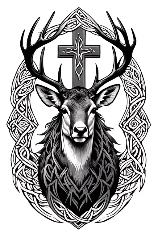 celtic deer with cross intertwined tattoo design idea