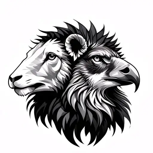 lamb head facing left lion head facing forward in middle and eagle head facing right all in fine line art and geometric tattoo design idea