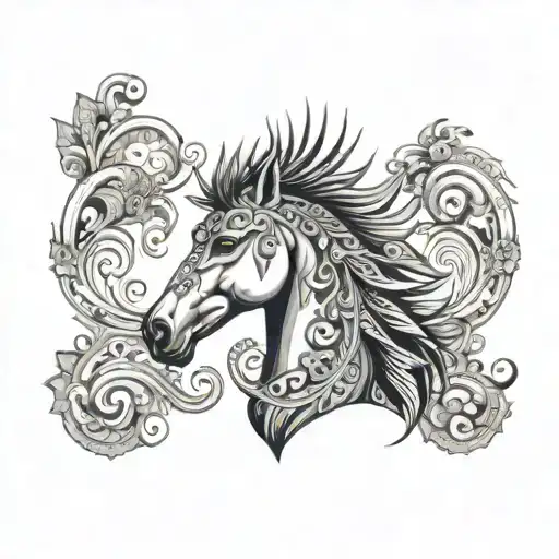 carousal horse head with peacock feathers in mane, and paisley background tattoo design idea