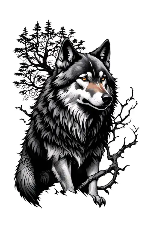 Wolf, tree of life, northern style renaissance tattoo design idea