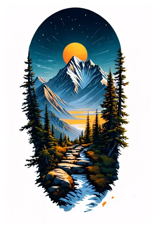Vertical Mountain Path Scene sun rising tattoo design idea
