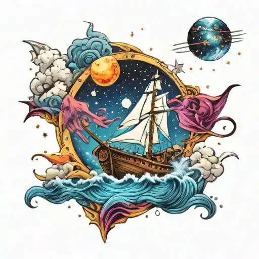 boat sailing in universe sea tattoo design idea