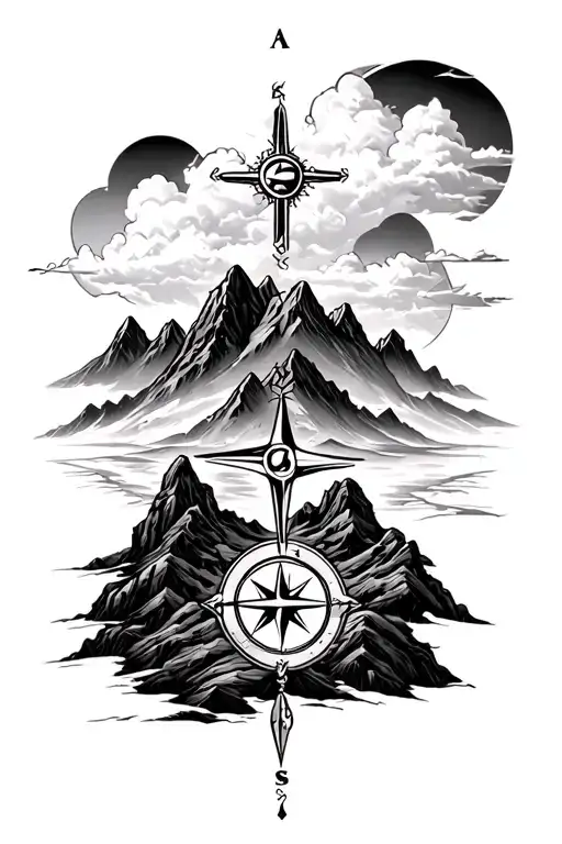 mountains with a compass a cross and clouds tattoo design idea