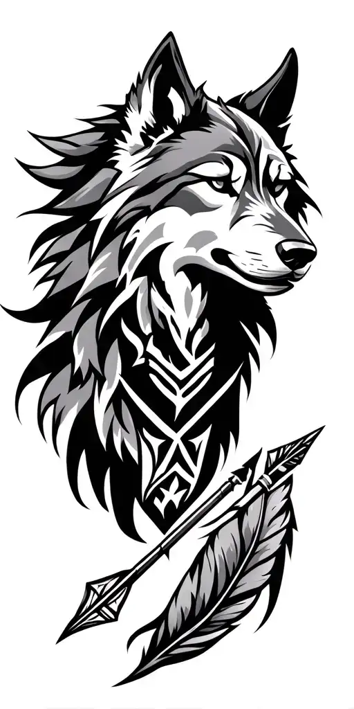 Tribal wolf spirit with 7 point star and an arrow and feathers tattoo design idea