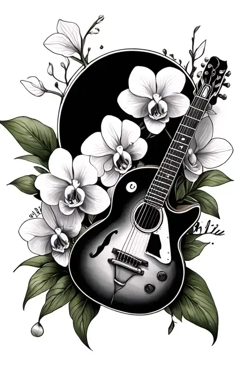 memorial tattoo with guitar surrounded by orchids tattoo design idea