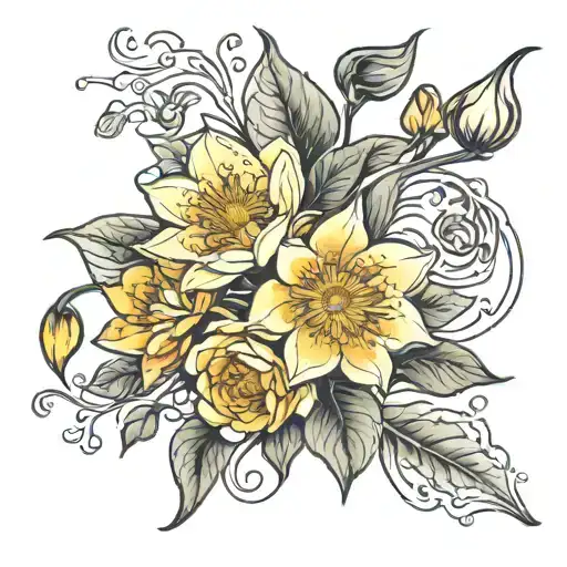 flowers on a vine wrapping waterlilly, aster, daffodil, rose   tattoo design idea