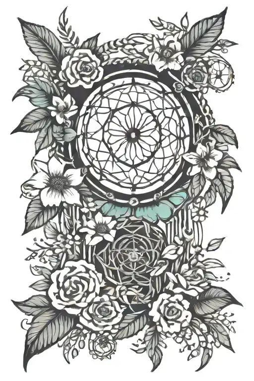 flowers and other nature themed things surrounding a dream catcher with the word "Jade" in script font  tattoo design idea