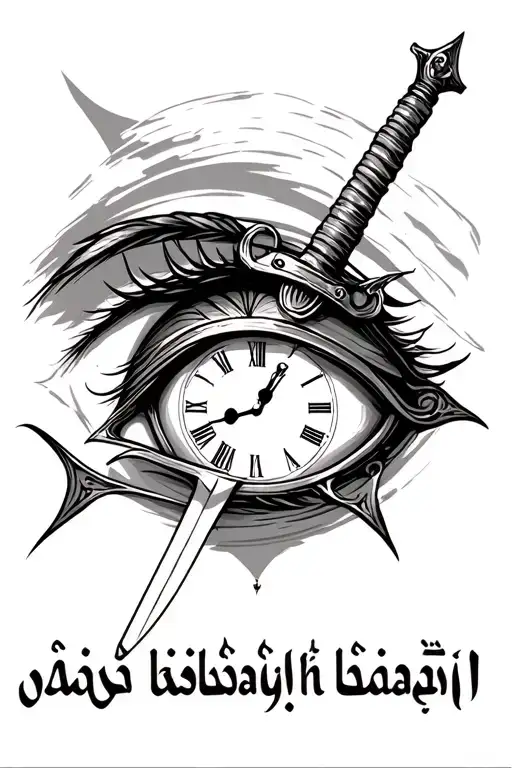 "الوقت كالسيف إن لم تقطعه قطعك." clock with an eye and a sword cutting the eye and the eye shields itself tattoo design idea