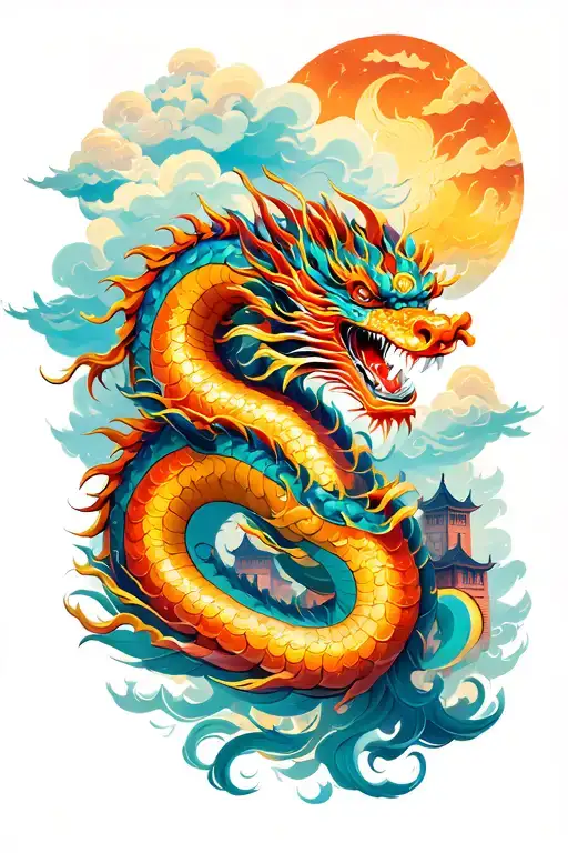 chinese dragon flying between chinese buildings and chinese clouds tattoo design idea