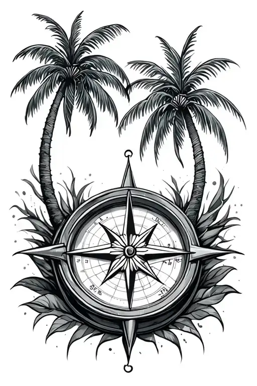 Palm tree and compass tattoo design idea