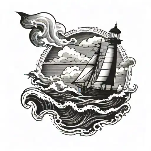 A majestic sailing boat navigating through stormy waves with a lighthouse in the background tattoo design idea