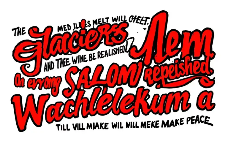 text with big first word like old book "The glaciers will melt and the Jordan will be replenished. Oh, everyone will make peace. Shalom Alem, Wachaleikum a. tattoo design idea