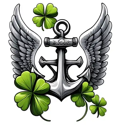 4 leaf clover and boat anchor aviation wings intertwined  tattoo design idea
