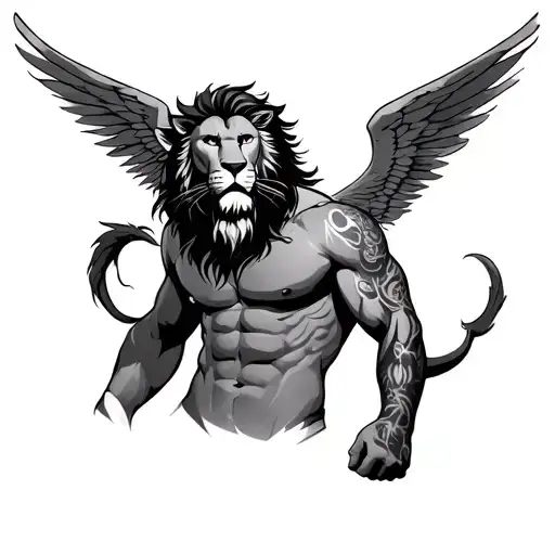 A stout man with a muscular body, a head in the shape of a male lion, long manes, and wings in the shape of angels, with tattoo design idea