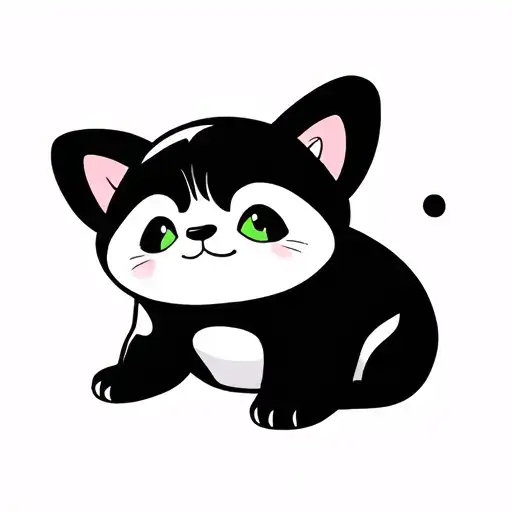 A black and white cat like a panda, with a small dot on the right baby, and green eyes tattoo design idea