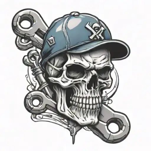 blue-collar skull spanners mechanic working tattoo design idea
