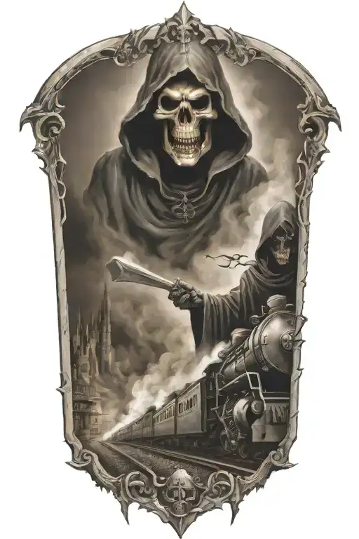 evil grim reaper with a train in the background  tattoo design idea