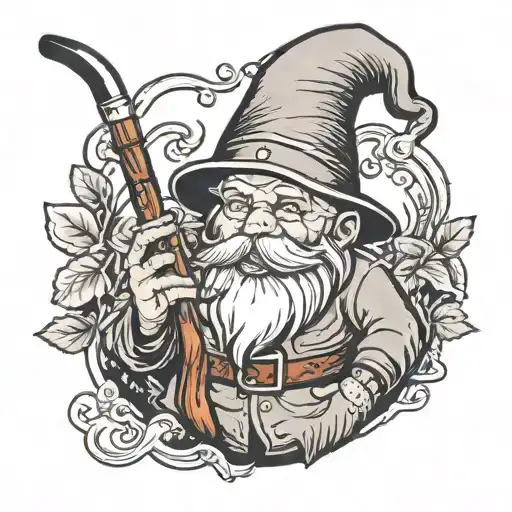 garden gnome smoking a wood long pipe tattoo design idea