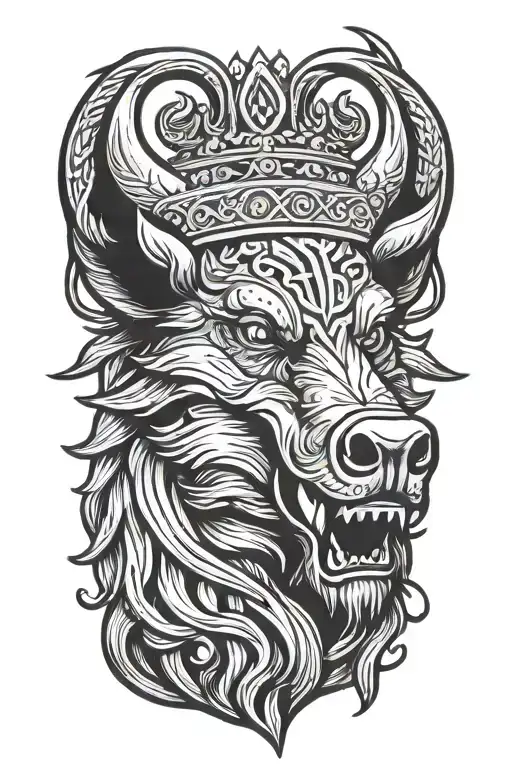 angry boar head wearing a crown with a winged celtic trinity knot background tattoo design idea