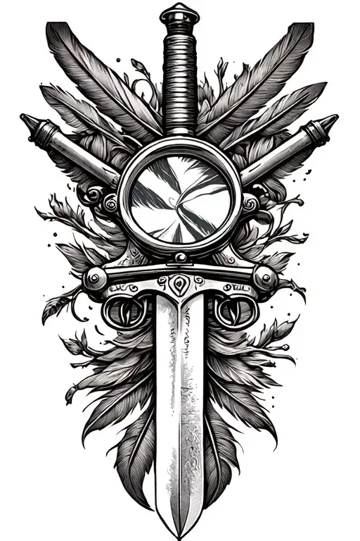 flintlock pistol crossed with cutlass sword crossed with magnifying glass crossed with quill pen tattoo design idea