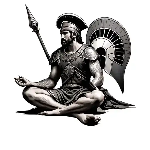 Roman warrior with his Spartan helmet, in uniform, sitting in the lotus position, with tattoos tattoo design idea