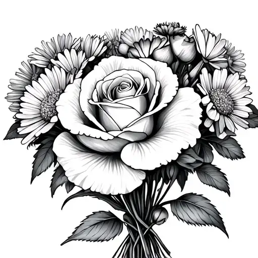 carnation, rose, aster. iris small bouquet wrapped tattoo design idea