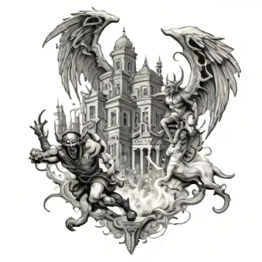city scape with demons fighting an angel tattoo design idea