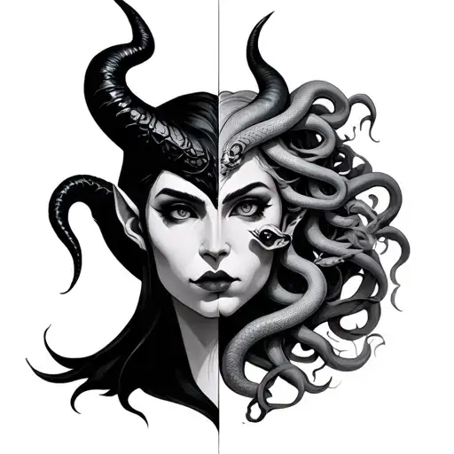 half Maleficent head with one black horn   And Half Medusa Head with snakes tattoo design idea