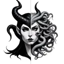 half Maleficent head with one black horn   And Half Medusa Head with snakes tattoo design idea