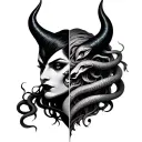 half Maleficent head with one black horn   And Half Medusa Head with snakes tattoo design idea
