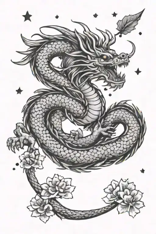 powerful majestic Japanese dragon with a crown flying alongside cherry blossoms surrounded by stars tattoo design idea