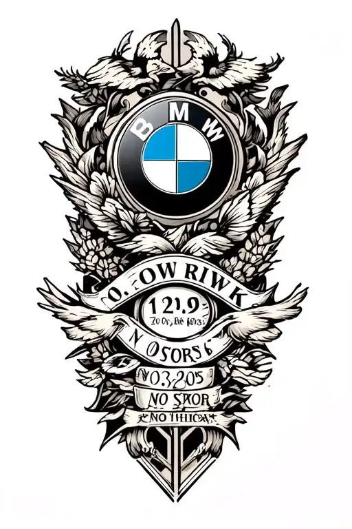 bmw logo into my body and something around that represent no risk means no story and 17.09.2005 in roman numbers tattoo design idea