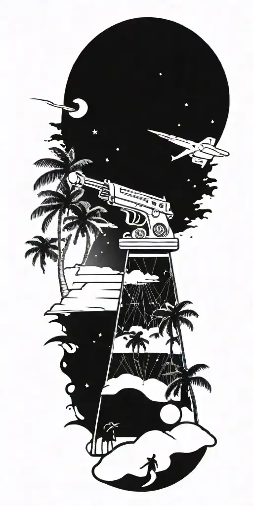 outer space, palm tree, galaxy, pyramid, shoal wintergreen dip can in the sand with a sunset, ray gun,  tattoo design idea