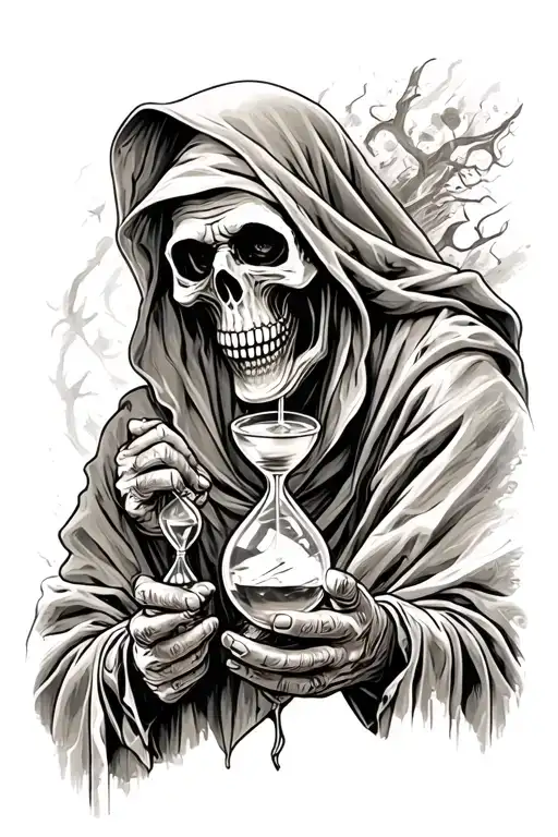 rugged grim reaper holding hourglass tattoo design idea