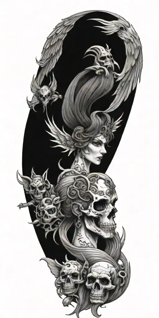 morrigan goddess demons and skulls tattoo design idea