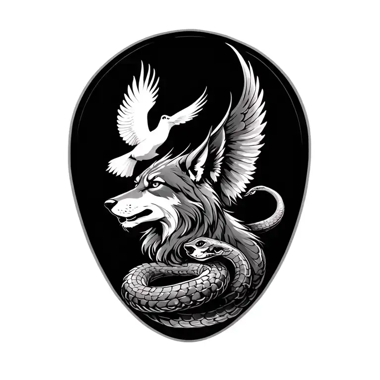 wolf with cobra to the side and a phoenix flying above with a somoan pattern around it  tattoo design idea